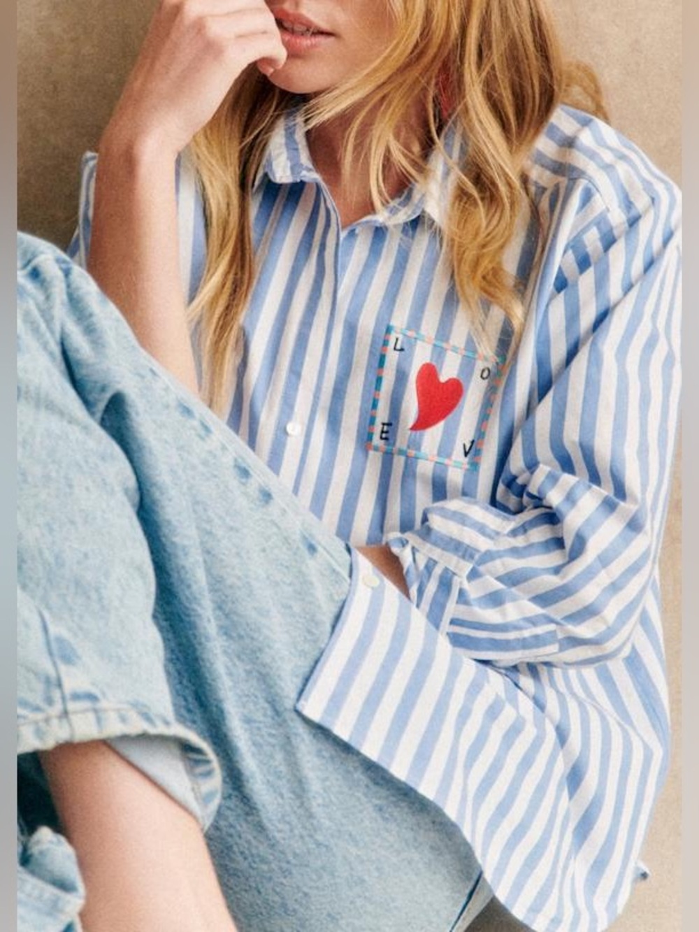 Sézane x Pangea Max Shirt 34 XS Blue Stripe Heart Embroidered Organic Cotton